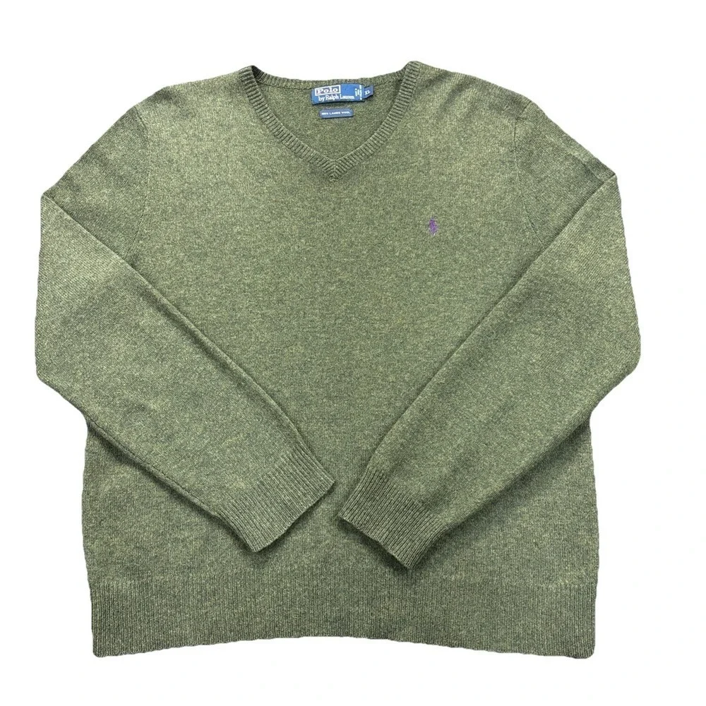 Vintage Polo Ralph Lauren Sweater Mens XL 100% Lambswool Olive Green‎ V-Neck Y2K